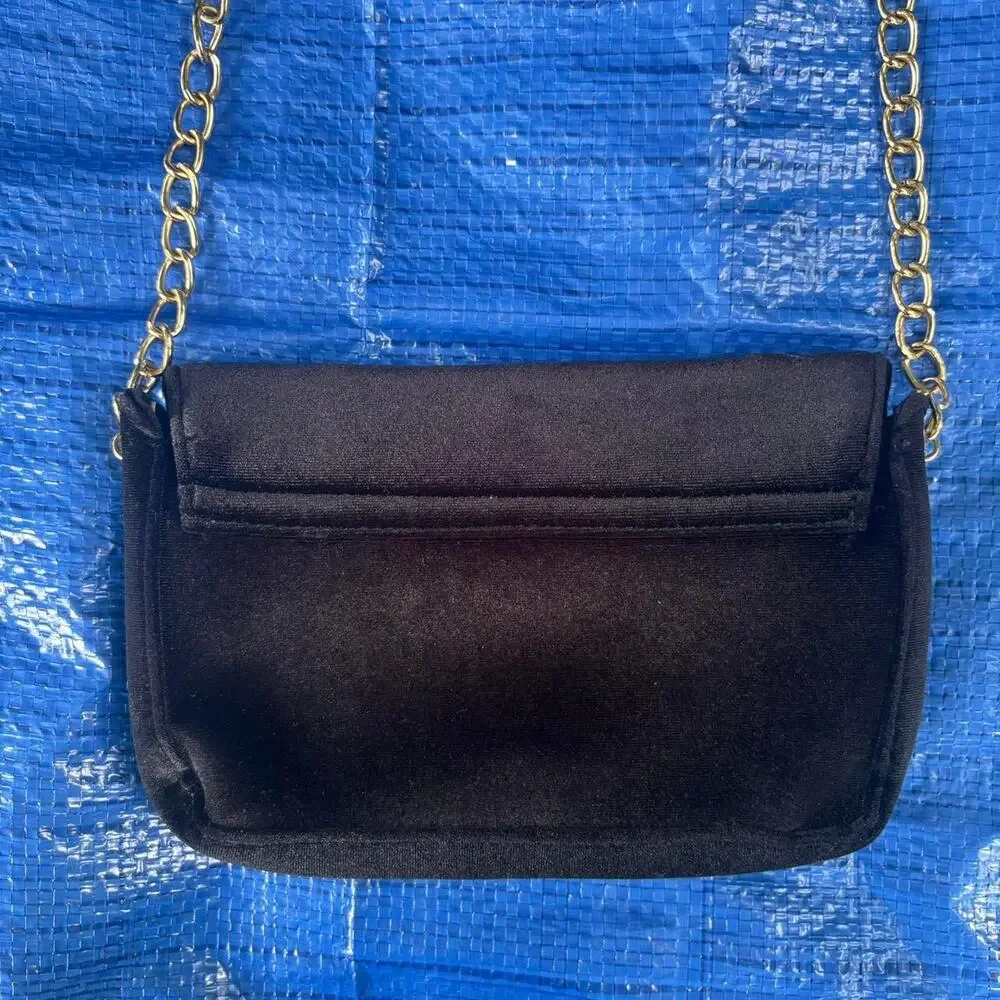 Velvet Black Gold Bee Embroidered Bag with Gold Chain Boohoo